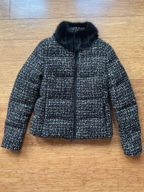 Moncler Tweed Down Jacket Size 1 Real Fur Collar Double Zip Cropped Puffer